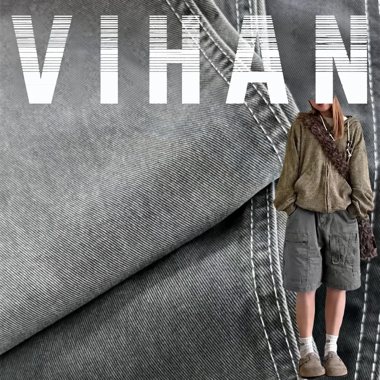 Vải kaki dệt chéo màu xám, người mẫu thời trang và chữ VIHAN